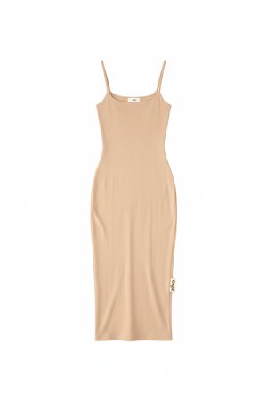Beige Fitted Ribbed Midi Dress