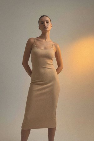 Beige Fitted Ribbed Midi Dress