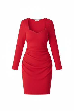 Red Ribbed Long-Sleeve Sweetheart Neckline Dress