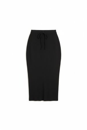 Black Ribbed Drawstring Midi Skirt