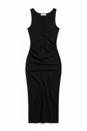 Sleek Black Ribbed Button-Front Midi Dress