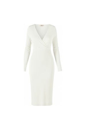 White Ribbed Knit Midi Dress with V-Neck