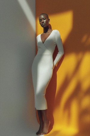 White Ribbed Knit Midi Dress with V-Neck