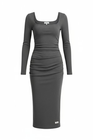 Elegant Grey Ribbed Square Neck Midi Dress