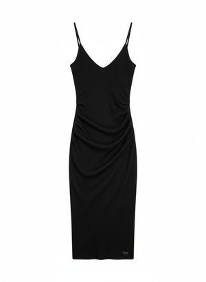 Sleek Ribbed V-Neck Midi Dress - Black
