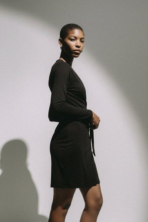 Chic Long Sleeve Black Wrap Mini Dress