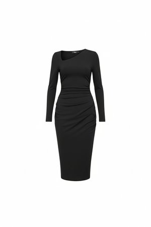 Elegant Black Midi Dress with Asymmetrical Neck