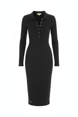 Ribbed Long Sleeve Collared Button-Front Midi Dress