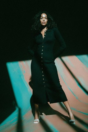 Ribbed Long Sleeve Collared Button-Front Midi Dress