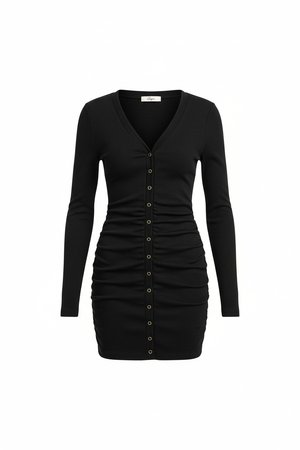Black Ribbed Button-Front Long Sleeve Mini Dress