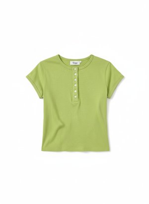 Cropped Henley T-shirt with Short Sleeves, Green