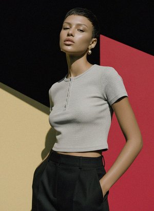 Grey Ribbed Henley Short Sleeve Crop Top