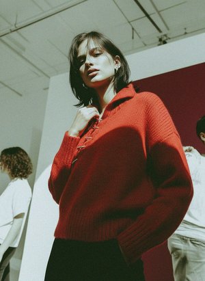 Red Knit Sweater with Asymmetric Ring Closure