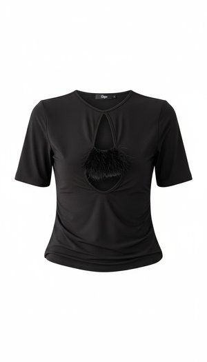 Chic Black Cutout Top with Feather Detail