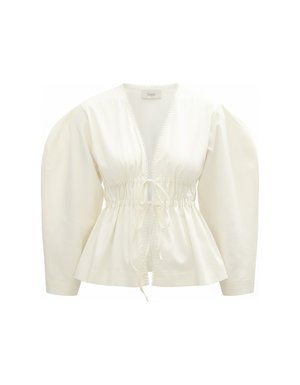 White V-Neck Tie-Front Blouse with Puffed Sleeves