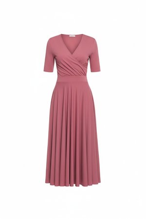 Dusty Rose Midi Wrap Dress with Pleated Skirt