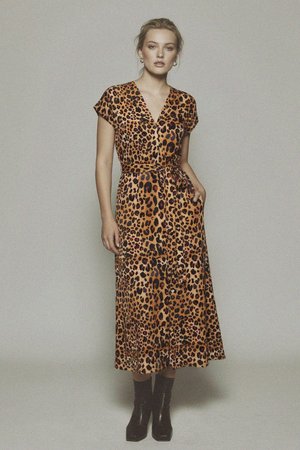 Leopard Print Midi Dress with Tie-Waist and Slit
