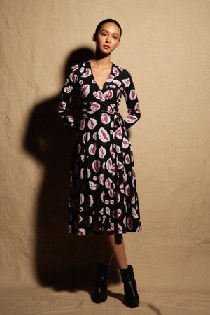 Black Abstract Print Long Sleeve Midi Wrap Dress