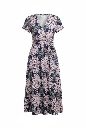Navy Floral Midi Dress with Tie Waist & Short Sleeves