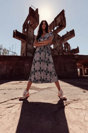 Navy Floral Midi Dress with Tie Waist & Short Sleeves