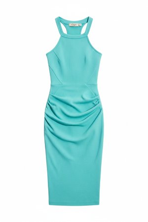 Aqua Ribbed Halter Neck Midi Dress
