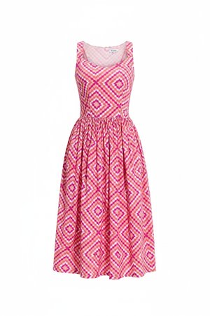 Vibrant Pink Geometric Midi Dress with Pockets