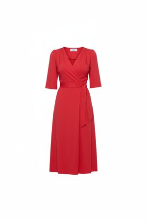 Red Midi Wrap Dress with Tie-Waist