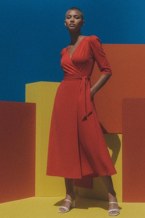Red Midi Wrap Dress with Tie-Waist