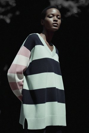 Striped V-Neck Knit Sweater with Relaxed Fit