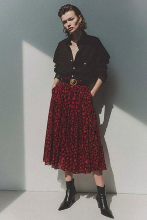 Vibrant Red Patterned Midi Skirt