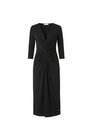 Elegant Black Midi Dress with V-Neck and Waist Knot