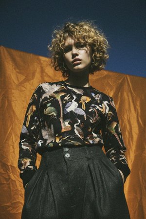 Vibrant Bird Print Black Sweatshirt