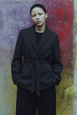 Pinstripe Belted Wrap Blazer