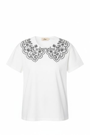 White Scalloped Collar T-shirt with Floral Embroidery
