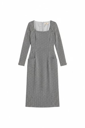 Elegant Grey Patterned Midi Dress with Square Neck