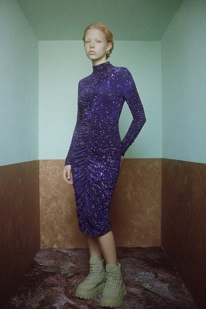 Purple Ruched Midi Dress with Starry Print