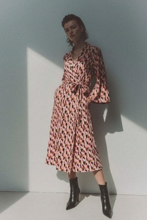 Abstract Print Midi Wrap Dress with Tie Waist