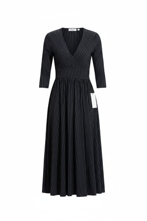 Pinstripe Wrap Midi Dress with 3/4 Sleeves