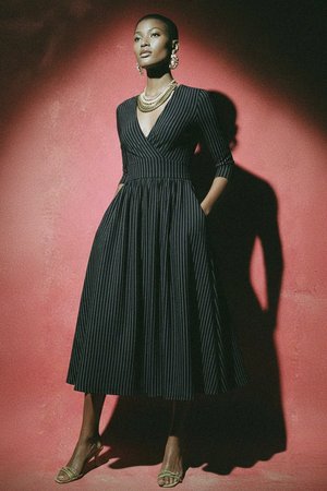 Pinstripe Wrap Midi Dress with 3/4 Sleeves