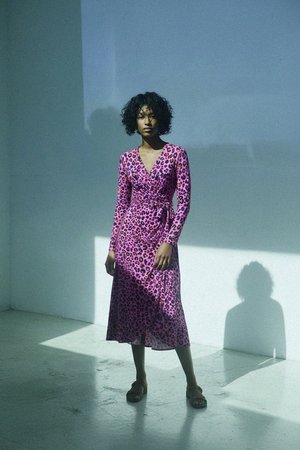 Purple Leopard Print Midi Wrap Dress