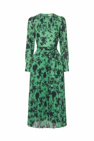 Green Floral Pleated Midi Dress