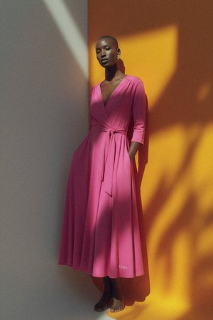 Vibrant Pink V-Neck Midi Dress with Tie Waist