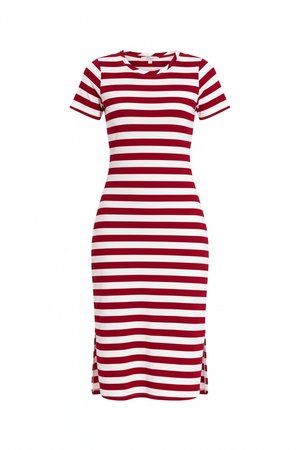 Red & White Striped Midi T-Shirt Dress