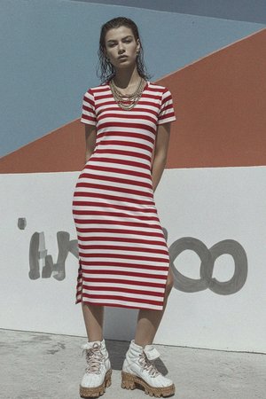 Red & White Striped Midi T-Shirt Dress