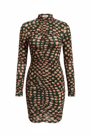 Green Floral Ruched High-Neck Mini Dress