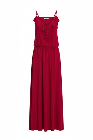 Flowy Red Maxi Dress with Ruffle Detail and Pockets