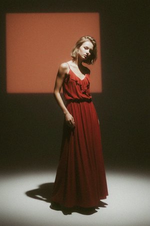 Flowy Red Maxi Dress with Ruffle Detail and Pockets