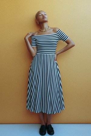 Navy & White Striped Off-Shoulder Midi Dress