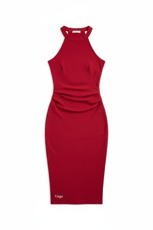 Elegant Red Ribbed Halter Neck Midi Dress