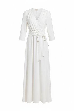 Elegant White Maxi Dress with Self-Tie Belt & V-Neck